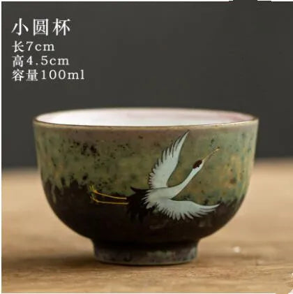 Anti-scald Large Ceramic Retro Tea Cover Bowl with Lid, Sancai Gaiwan Single Tea Bowl, Hand Painted Shining Crane Cover Bowl