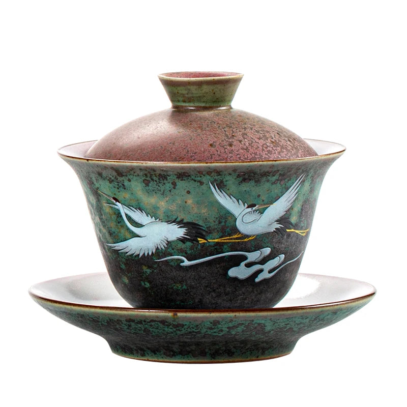 Anti-scald Large Ceramic Retro Tea Cover Bowl with Lid, Sancai Gaiwan Single Tea Bowl, Hand Painted Shining Crane Cover Bowl