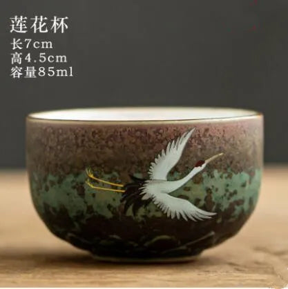 Anti-scald Large Ceramic Retro Tea Cover Bowl with Lid, Sancai Gaiwan Single Tea Bowl, Hand Painted Shining Crane Cover Bowl