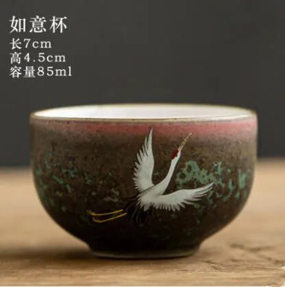 Anti-scald Large Ceramic Retro Tea Cover Bowl with Lid, Sancai Gaiwan Single Tea Bowl, Hand Painted Shining Crane Cover Bowl