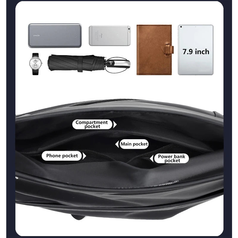 Anti-theft Men's Shoulder Bags Black Fashion Motorcycle Crossbody Bags Waterproof Casual Travel Messenger Bag For 7.9 Inch iPad