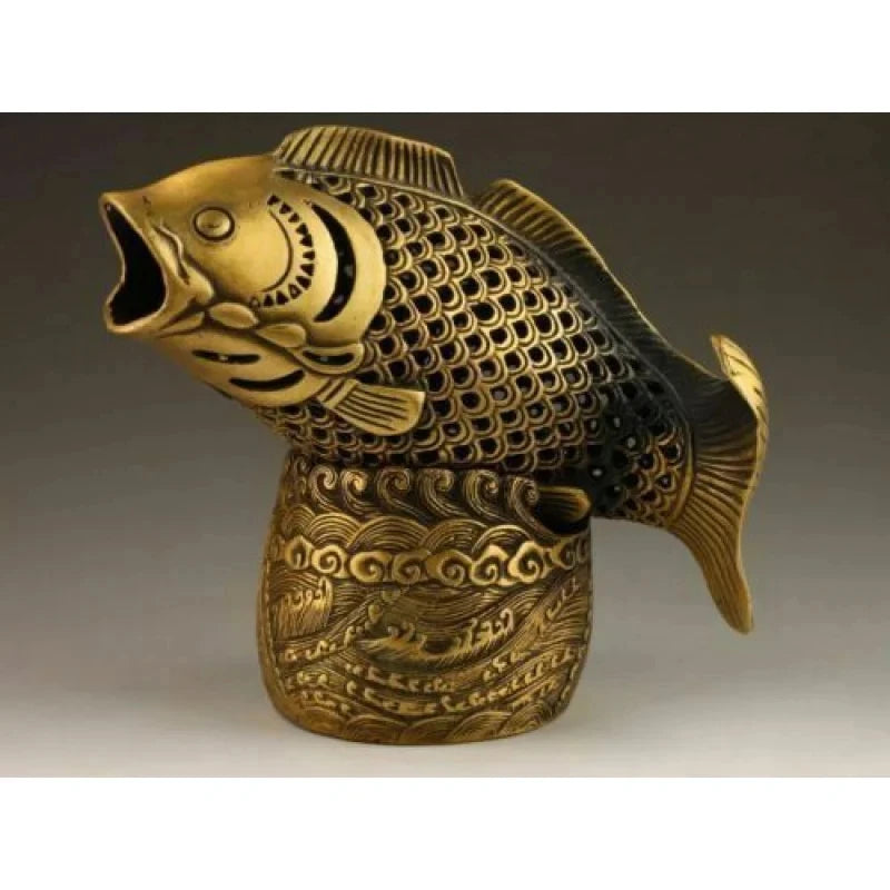 Antique Brass Bronze Fortune Coin Fish Head Statue Box Incense Burner Incense Burner