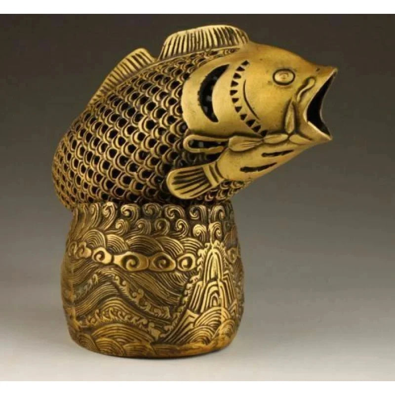 Antique Brass Bronze Fortune Coin Fish Head Statue Box Incense Burner Incense Burner