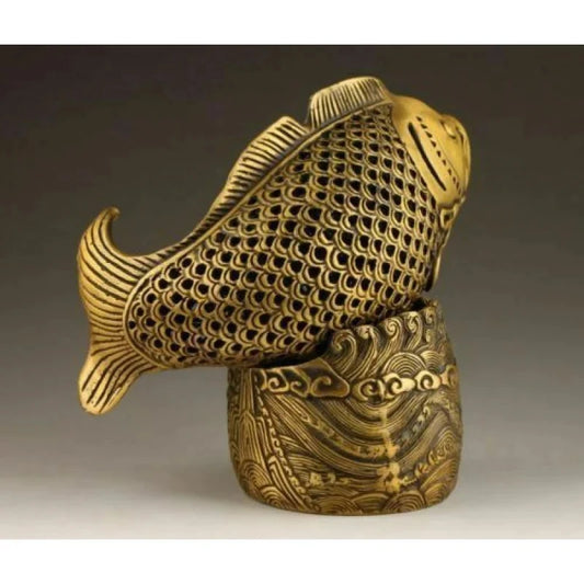 Antique Brass Bronze Fortune Coin Fish Head Statue Box Incense Burner Incense Burner