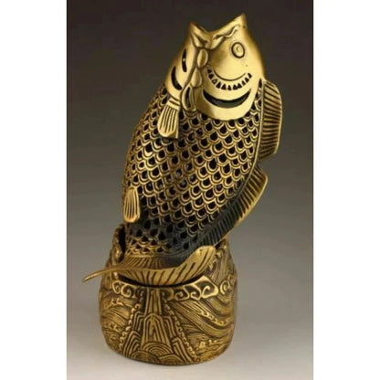 Antique Brass Bronze Fortune Coin Fish Head Statue Box Incense Burner Incense Burner