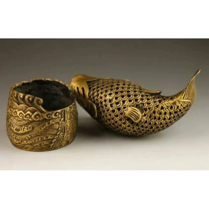 Antique Brass Bronze Fortune Coin Fish Head Statue Box Incense Burner Incense Burner