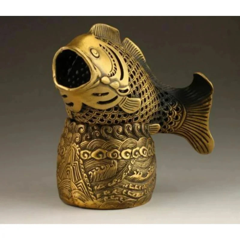 Antique Brass Bronze Fortune Coin Fish Head Statue Box Incense Burner Incense Burner