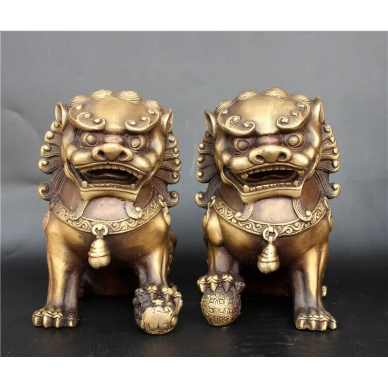 Antique Bronze Fu Foo Dog lion Statue China old Archaic guard lions pair 11cm