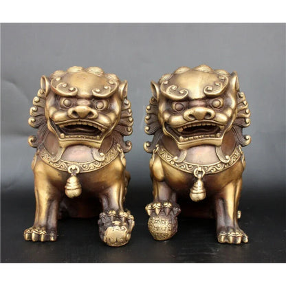 Antique Bronze Fu Foo Dog lion Statue China old Archaic guard lions pair 11cm