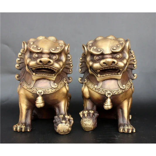Antique Bronze Fu Foo Dog lion Statue China old Archaic guard lions pair 11cm