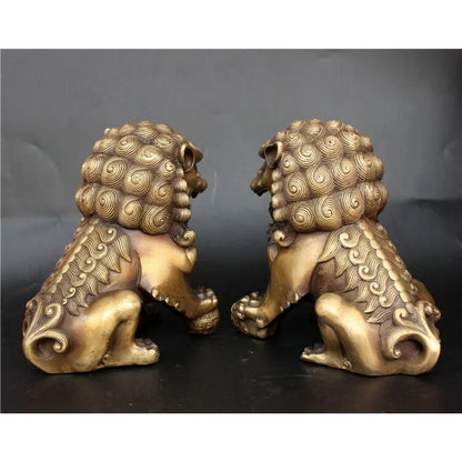 Antique Bronze Fu Foo Dog lion Statue China old Archaic guard lions pair 11cm