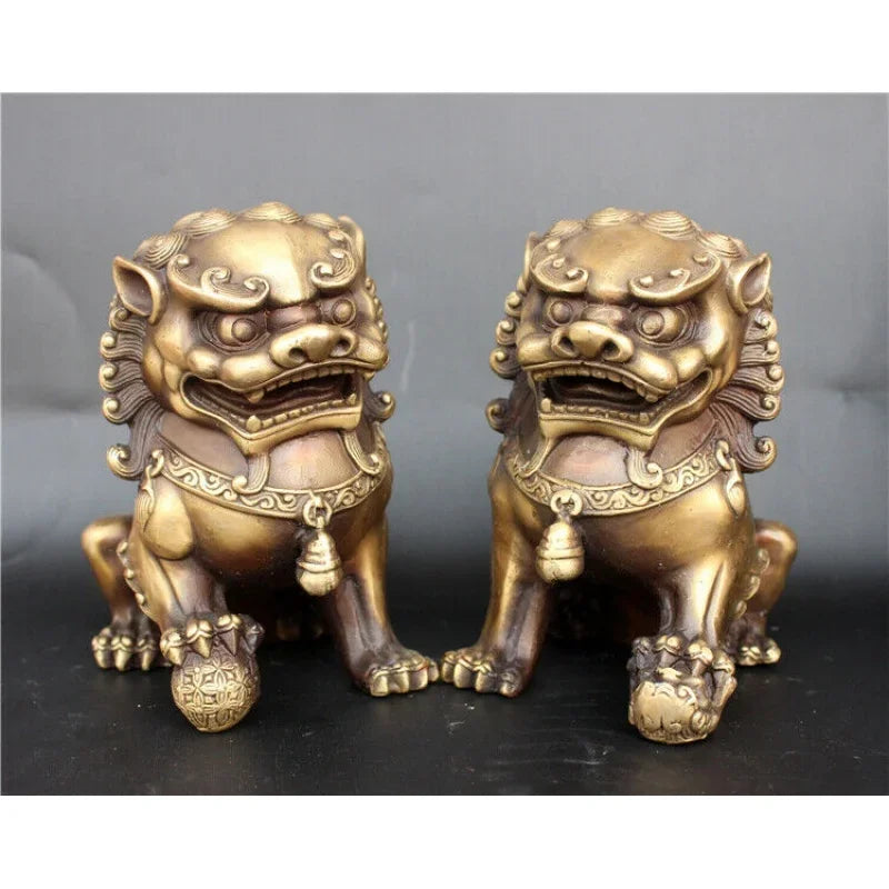 Antique Bronze Fu Foo Dog lion Statue China old Archaic guard lions pair 11cm