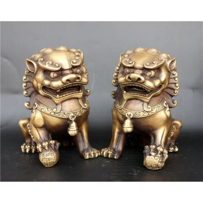 Antique Bronze Fu Foo Dog lion Statue China old Archaic guard lions pair 11cm