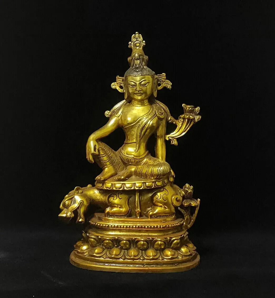 Antique Bronze Gilt Lion's Roar Water moon Sit Beast Kwan-yin Tara Buddha Statue