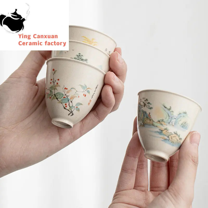 Antique Ceramic Teacup Boutique Hand Painted Flowers Tea Bowl Travel Personal Meditation Cup Household Tea Set Master Cups