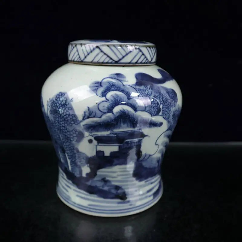 Antique Chinese Ancient Blue and White Porcelain Landscape Painting Tank Jar Pot