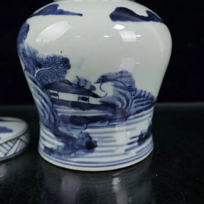 Antique Chinese Ancient Blue and White Porcelain Landscape Painting Tank Jar Pot