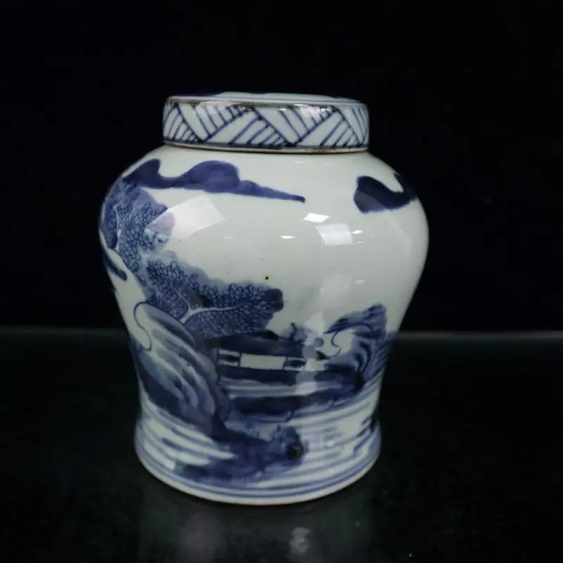 Antique Chinese Ancient Blue and White Porcelain Landscape Painting Tank Jar Pot