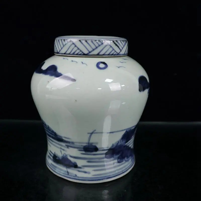 Antique Chinese Ancient Blue and White Porcelain Landscape Painting Tank Jar Pot