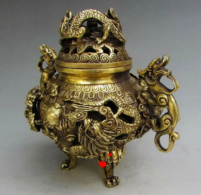 Antique Chinese Fengshui Brass Nine Dragons Incense Burner Statue Qianlong Mark