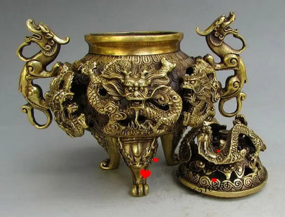 Antique Chinese Fengshui Brass Nine Dragons Incense Burner Statue Qianlong Mark