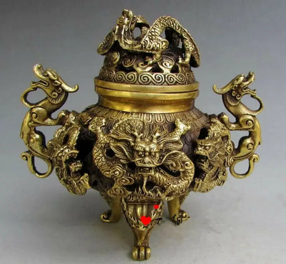 Antique Chinese Fengshui Brass Nine Dragons Incense Burner Statue Qianlong Mark