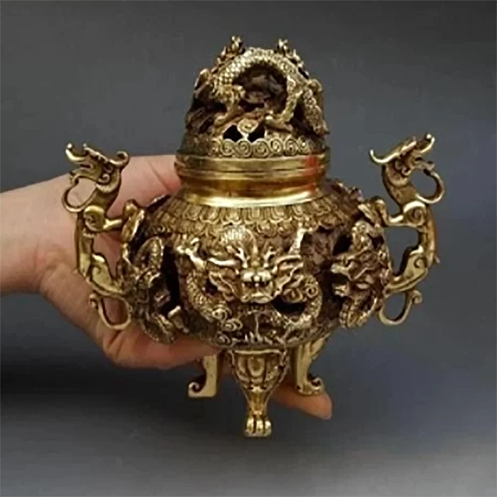 Antique Copper Hollow-out Kowloon Incense Burner Decoration Sandalwood Burner Incense Burner Bedroom Decoration Collection