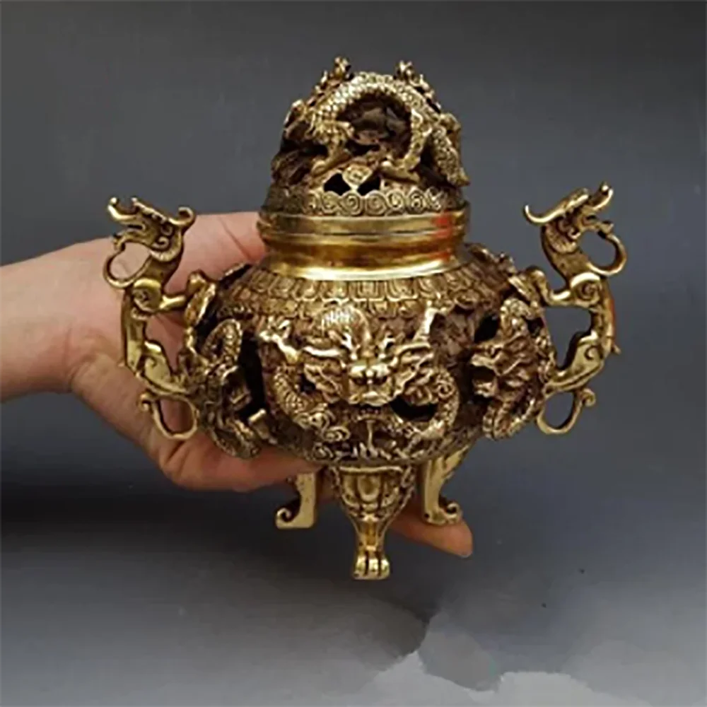 Antique Copper Hollow-out Kowloon Incense Burner Decoration Sandalwood Burner Incense Burner Bedroom Decoration Collection