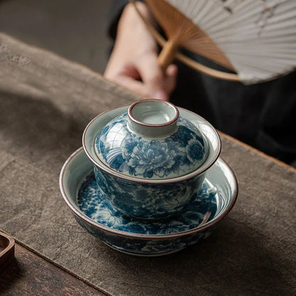 Antique Full Flowers Ceramic Opening Gaiwan For Tea Blue Tureen Teaware Set Chinese Tea Bowl Chawan Tea Cup