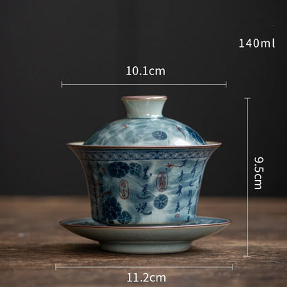 Antique Full Flowers Ceramic Opening Gaiwan For Tea Blue Tureen Teaware Set Chinese Tea Bowl Chawan Tea Cup