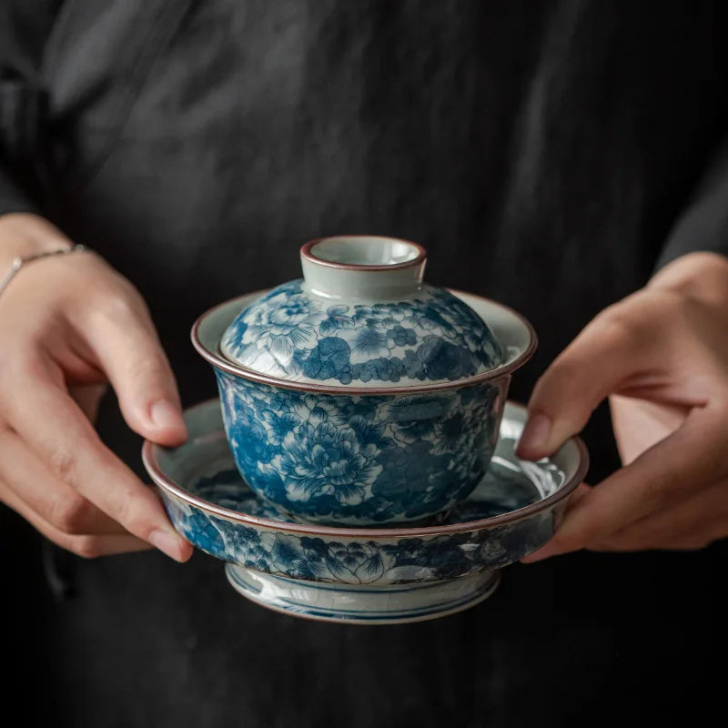 Antique Full Flowers Ceramic Opening Gaiwan For Tea Blue Tureen Teaware Set Chinese Tea Bowl Chawan Tea Cup