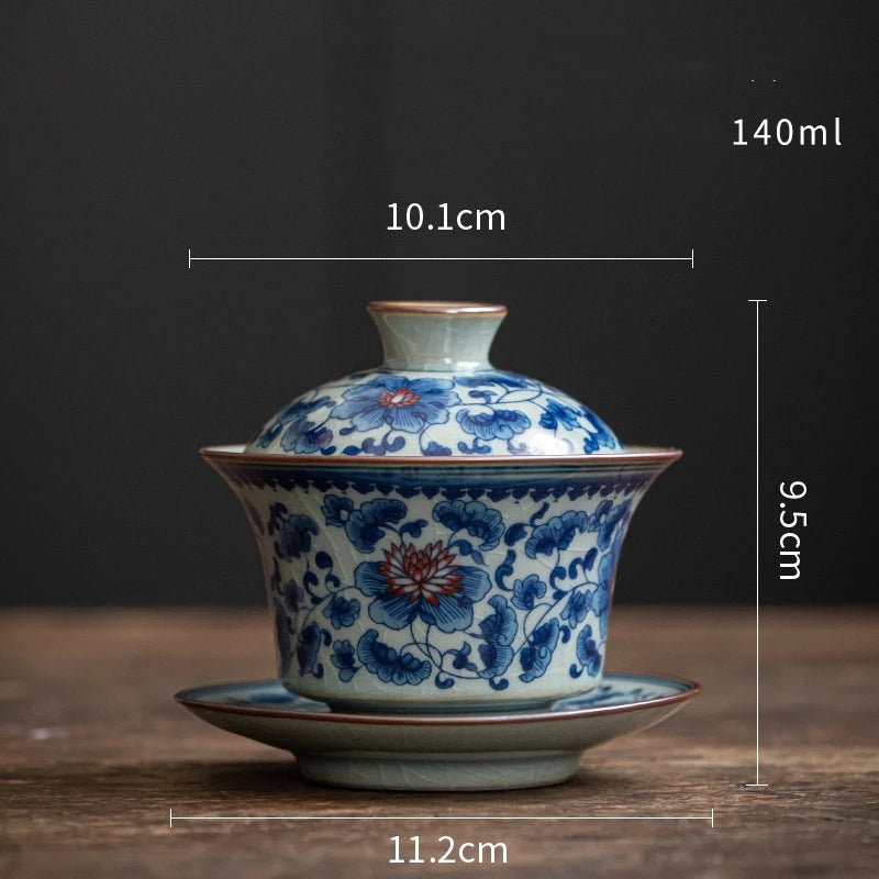 Antique Full Flowers Ceramic Opening Gaiwan For Tea Blue Tureen Teaware Set Chinese Tea Bowl Chawan Tea Cup