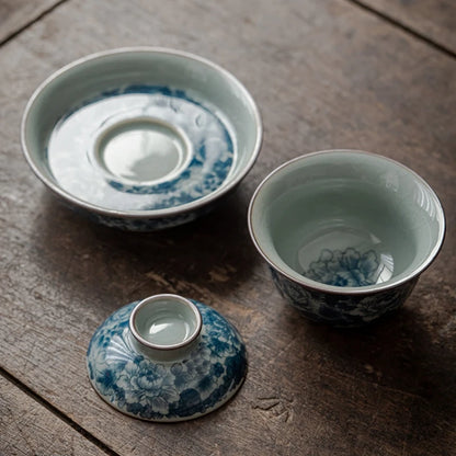 Antique Full Flowers Ceramic Opening Gaiwan For Tea Blue Tureen Teaware Set Chinese Tea Bowl Chawan Tea Cup