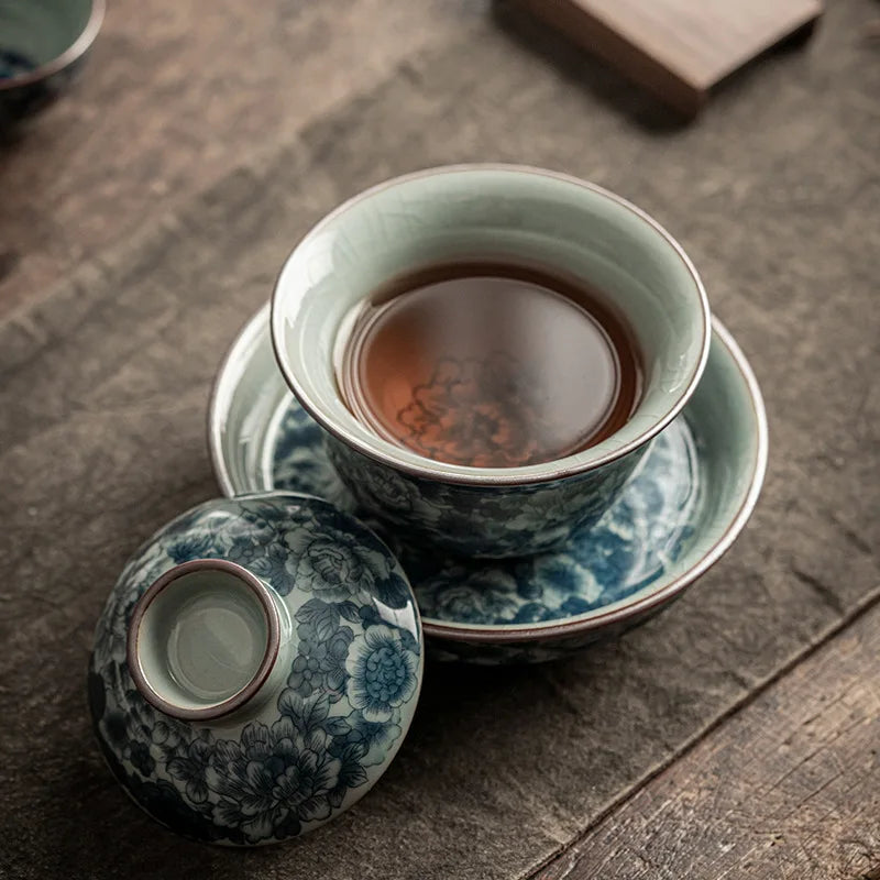 Antique Full Flowers Ceramic Opening Gaiwan For Tea Blue Tureen Teaware Set Chinese Tea Bowl Chawan Tea Cup