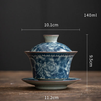 Antique Full Flowers Ceramic Opening Gaiwan For Tea Blue Tureen Teaware Set Chinese Tea Bowl Chawan Tea Cup