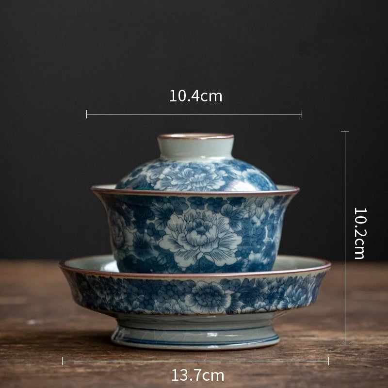 Antique Full Flowers Ceramic Opening Gaiwan For Tea Blue Tureen Teaware Set Chinese Tea Bowl Chawan Tea Cup