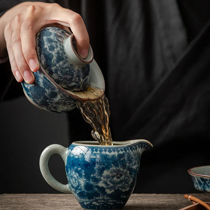 Antique Full Flowers Ceramic Opening Gaiwan For Tea Blue Tureen Teaware Set Chinese Tea Bowl Chawan Tea Cup