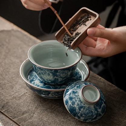 Antique Full Flowers Ceramic Opening Gaiwan For Tea Blue Tureen Teaware Set Chinese Tea Bowl Chawan Tea Cup