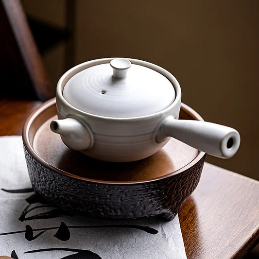 Antique Moon White Side Handle Pot Handmade Ceramic Household Single Teapot Filtering Pot Simple Kung Fu Tea Set Tea Infuser