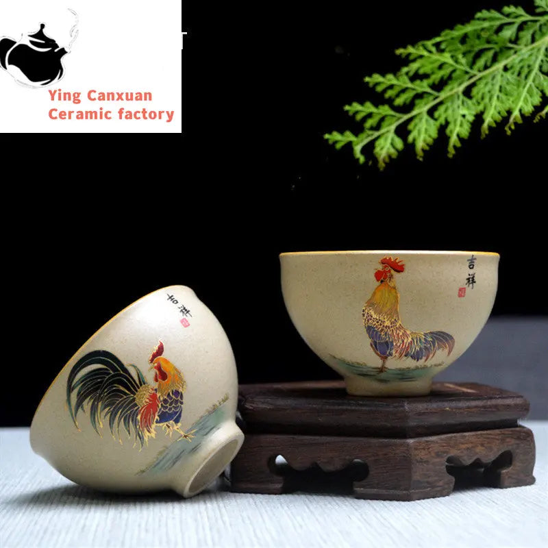 Antique Pottery Ceramic Teacup Hand Painted Cock Tea Cup Travel Portable Tea Bowl Pu'er Master Cup Chinese Tea set Accessories