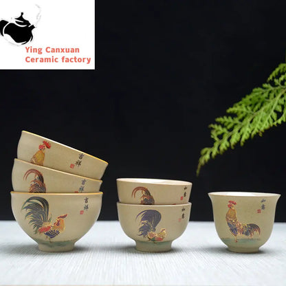 Antique Pottery Ceramic Teacup Hand Painted Cock Tea Cup Travel Portable Tea Bowl Pu'er Master Cup Chinese Tea set Accessories