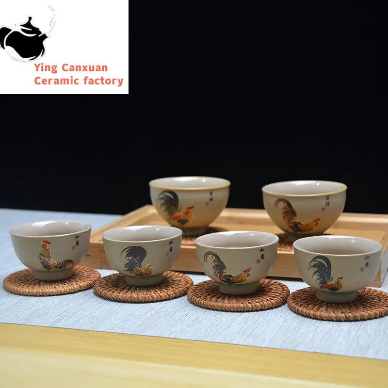 Antique Pottery Ceramic Teacup Hand Painted Cock Tea Cup Travel Portable Tea Bowl Pu'er Master Cup Chinese Tea set Accessories