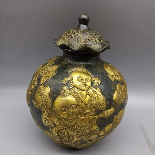 Antique Qing Dynasty Handwork Bronze Copper Carved Figure Statue Pot Tank Can