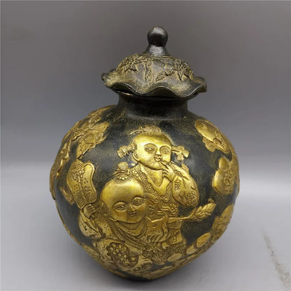 Antique Qing Dynasty Handwork Bronze Copper Carved Figure Statue Pot Tank Can