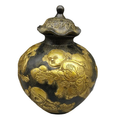 Antique Qing Dynasty Handwork Bronze Copper Carved Figure Statue Pot Tank Can