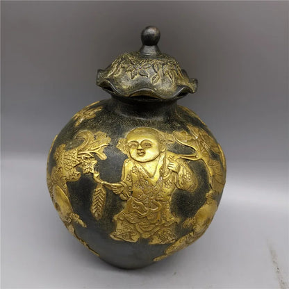 Antique Qing Dynasty Handwork Bronze Copper Carved Figure Statue Pot Tank Can