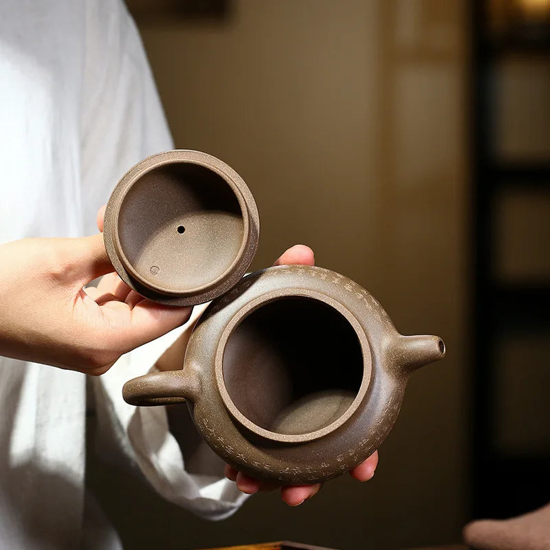 Antique Teapot with Carved Heart, Sutra Zisha Teapot, Yixing Handmade Pot, Kung-Fu Teaware, Purple Clay Drinkware for Puer Green