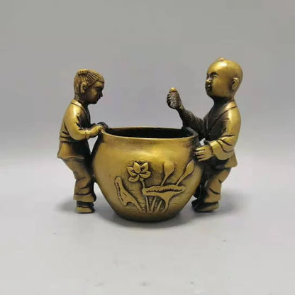 Antique pure copper gold child and jade female ornaments creative brass ashtray pen washing copper junk