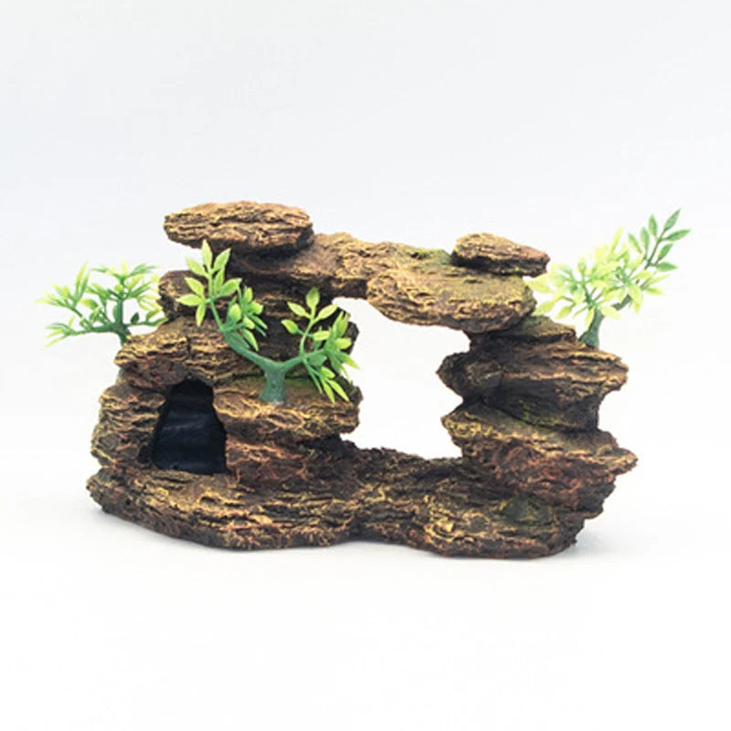 Aquarium Mountain View Stone Resin Ornament, Moss Tree Rock Cave Landscape, Artificial Fish Tank Decoration
