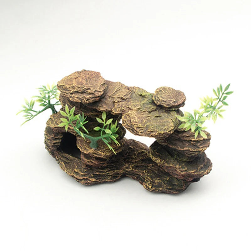 Aquarium Mountain View Stone Resin Ornament, Moss Tree Rock Cave Landscape, Artificial Fish Tank Decoration